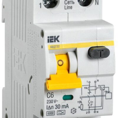 Выключатель автоматический дифференциального тока 2п (1P+N) C 6А 30мА тип A 6кА АВДТ-32 IEK MAD22-5-