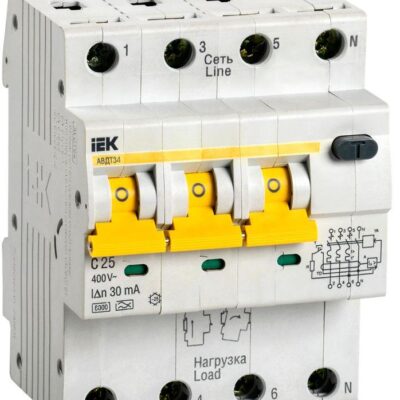 Выключатель автоматический дифференциального тока 4п (3P+N) C 25А 30мА тип A 6кА АВДТ-34 IEK MAD22-6