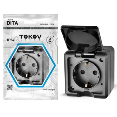 Розетка 1-м ОП Dita 16А IP54 250В с заземл. с крышкой карбон TOKOV ELECTRIC TKL-DT-R1Z-C14-IP54