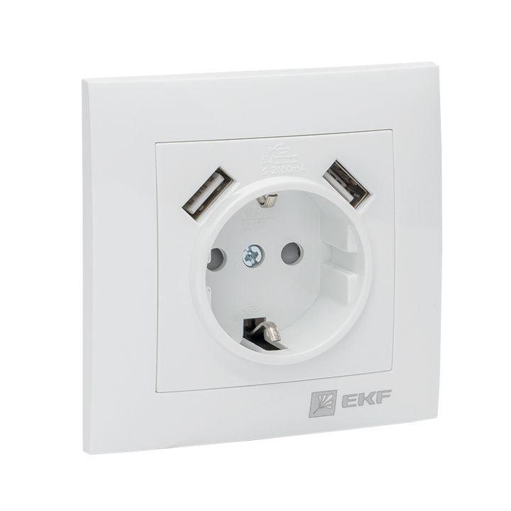 Розетка 1-м СП Валенсия 16А IP20 с заземл. защ. шторки с 2-мя заряд. устройствами USB 2.1А бел. PROx Розетка 1-м СП Валенсия 16А IP20 с заземл. защ. шторки с 2-мя заряд. устройствами USB 2.1А бел. PROx
