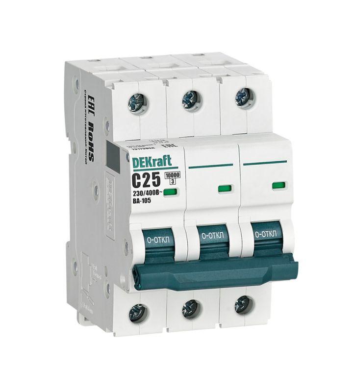 Выключатель автоматический модульный 3п C 25А 10кА ВА-105 DEKraft 13179DEK Выключатель автоматический модульный 3п C 25А 10кА ВА-105 DEKraft 13179DEK