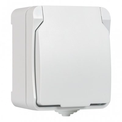 Розетка 1-местная с заземлением 16А с крышкой, IP54, белая, "Сатурн" (SBE-04g-16-S1-Z)