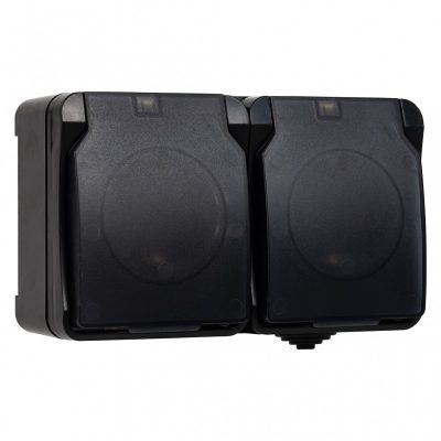 Розетка Smartbuy 2-местная с заземлением 16А с крышкой, IP54, черная, "Сатурн" (SBE-04b-16-S2-Z) (9)