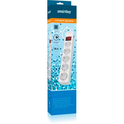 Сетевой фильтр Smartbuy 16А, 3500 Вт,5 гнезд, с з/ш, земля, ПВС 3x1.0 мм2, 1,8 м,белый (SBSP-5-18-W)
