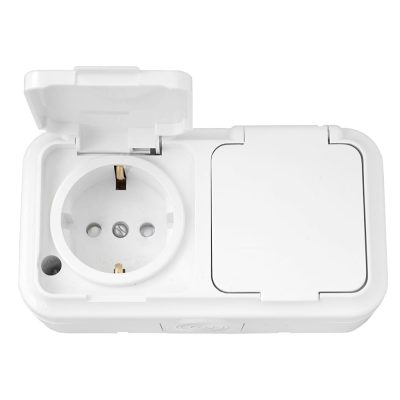 Розетка 2-местн. ОУ с заземл. брызгозащ. РА16-103 (со шторками) Bylectrica РА16-103