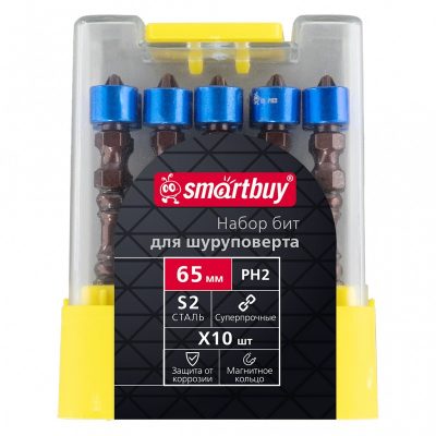Набор бит для шуруповерта с магн. кольцом, PH2, 10 шт.сталь S2,двусторон.,фиксат.,Smartbuy tools